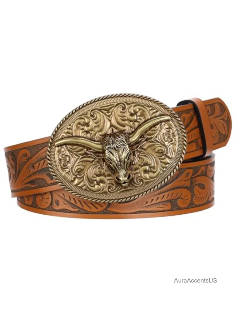 Western Leather Belt Antique Gold Longhorn Buckle Cowgirl Cowboy Rodeo Unisex